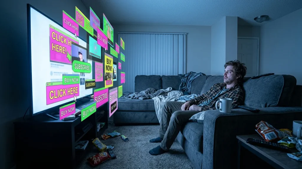 Man zit op bank omgeven door pop-up advertenties op scherm