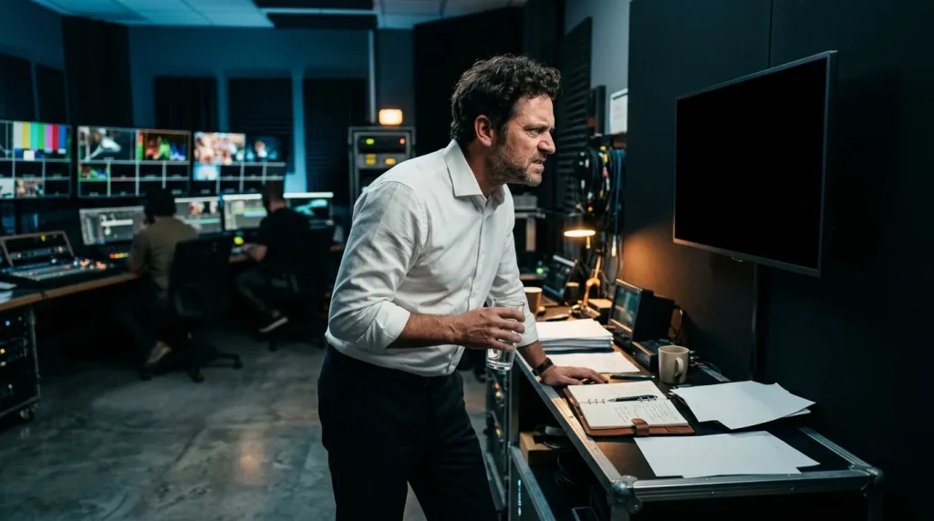 Man in wit overhemd werkt in professionele broadcast-controlkamer