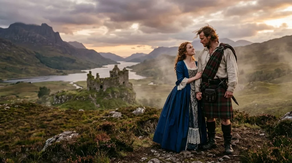 Man in kilt en vrouw in blauwe jurk bij Schots kasteel