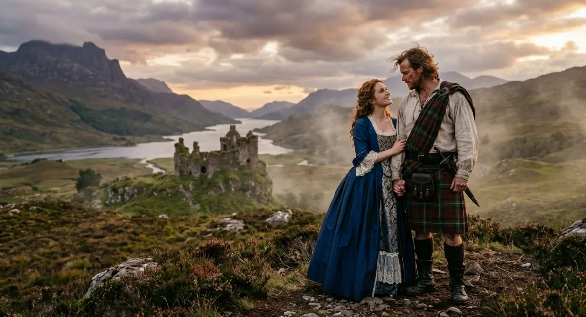 Man in kilt en vrouw in blauwe jurk bij Schots kasteel