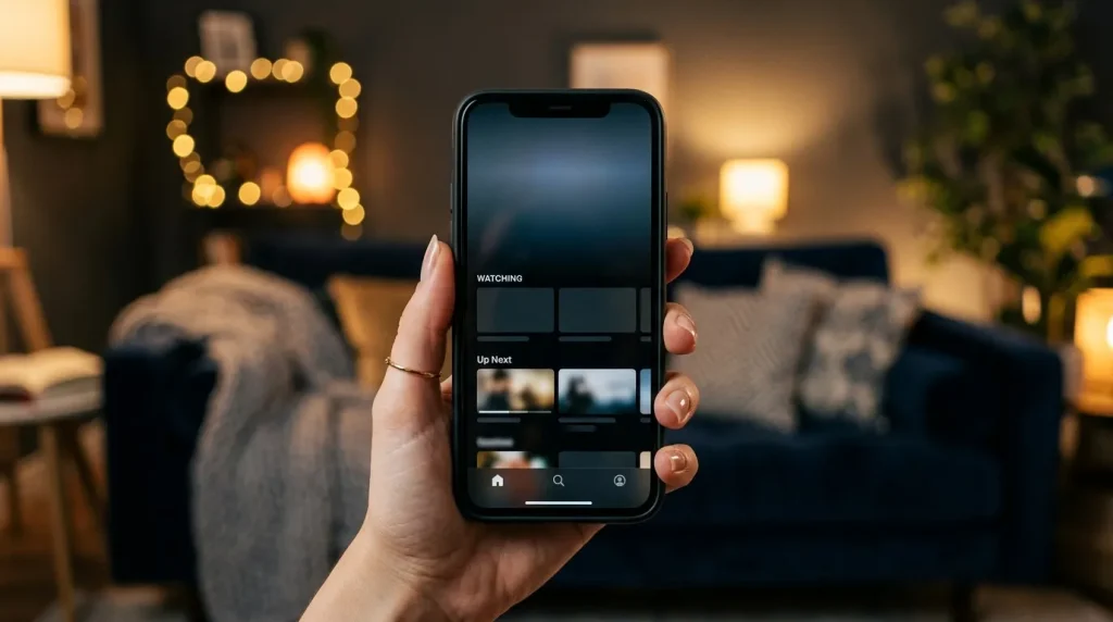 Hand holding smartphone displaying streaming app in living room