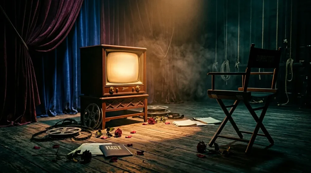 Oud televisietoestel op theaterpodium met gordijnen en filmrollen