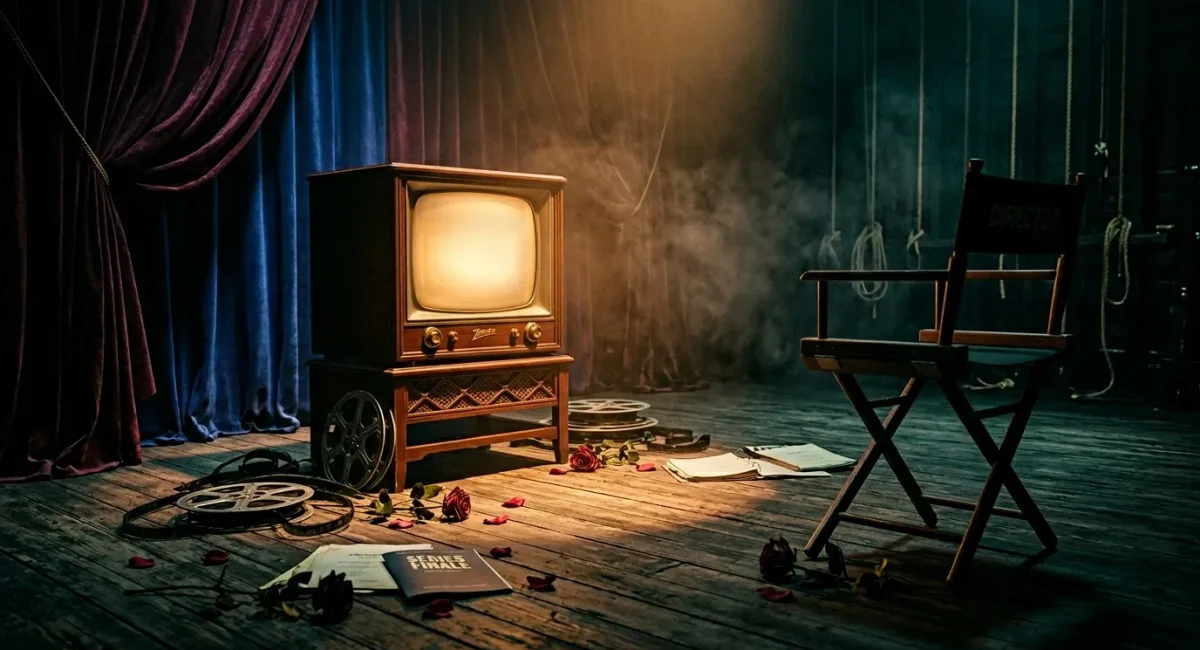 Oud televisietoestel op theaterpodium met gordijnen en filmrollen