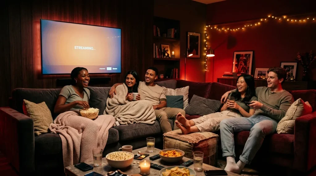 Groep vrienden zit op bank naar streaming service te kijken