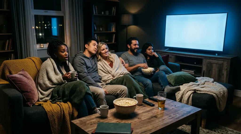 Groep vrienden zit op bank en kijkt naar televisie