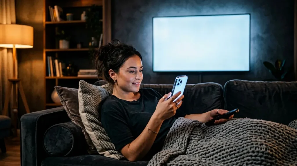 Vrouw op bank met telefoon en tv op achtergrond