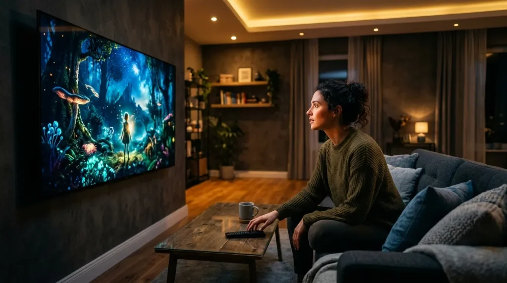 Vrouw kijkt naar fantasiefilm op groot wandscherm in woonkamer