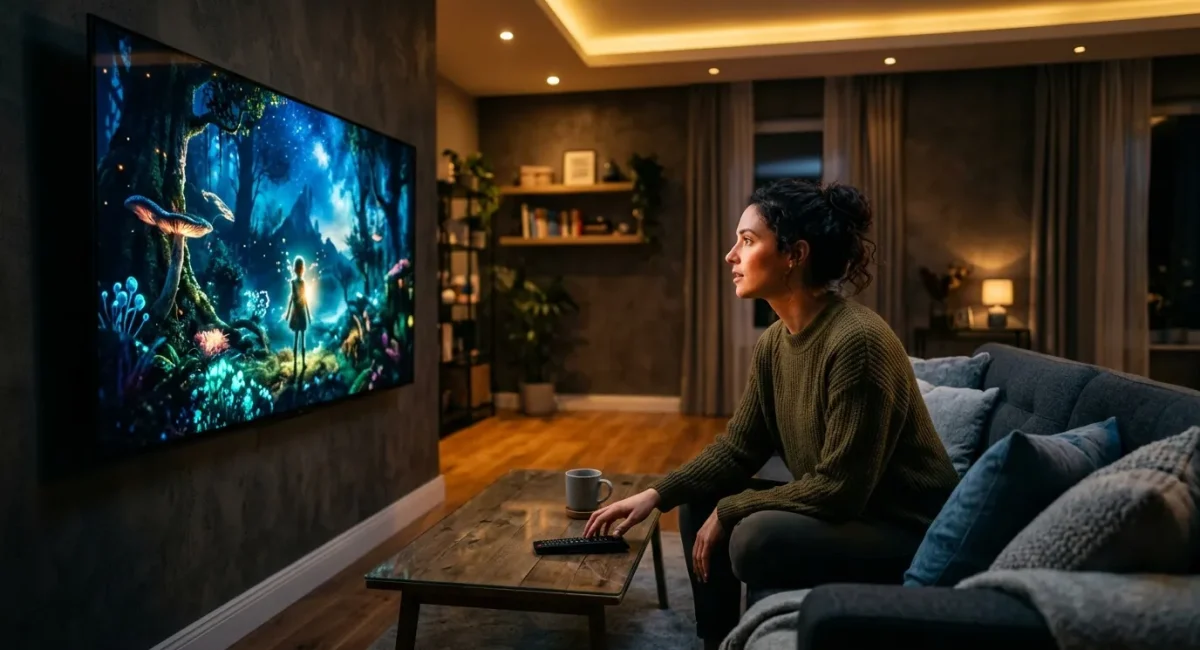 Vrouw kijkt naar fantasiefilm op groot wandscherm in woonkamer