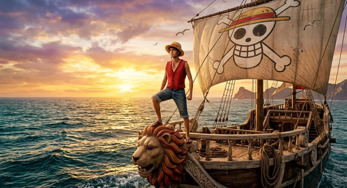 Man op piratenschip met leeuwenfigurehead bij zonsondergang