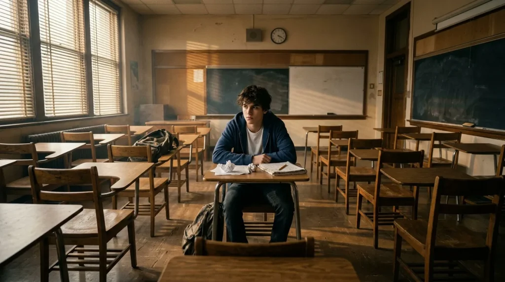 Jonge man zit alleen aan schoolbank in verlaten klaslokaal
