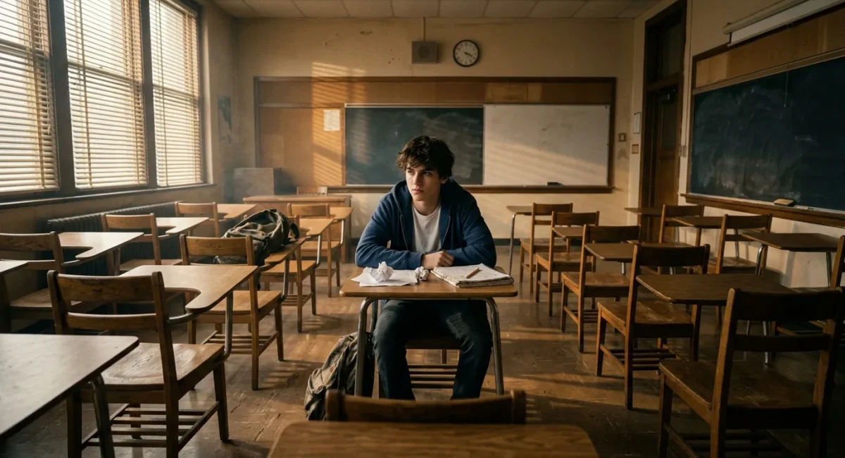 Jonge man zit alleen aan schoolbank in verlaten klaslokaal