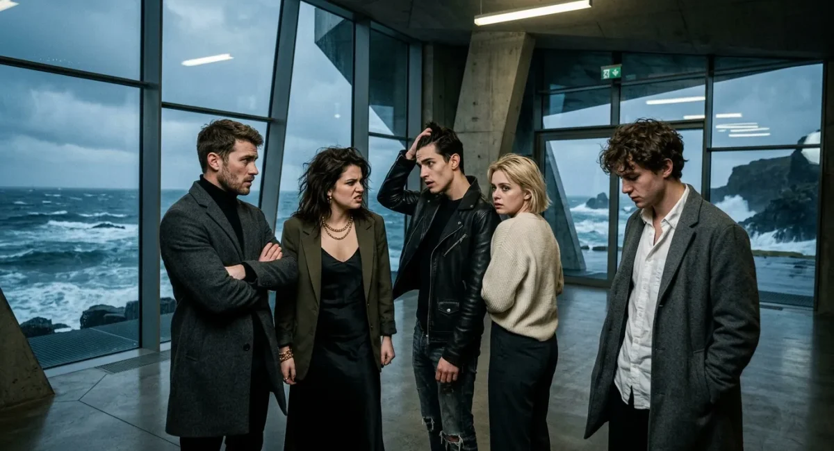 Vijf personen in gesprek in modern gebouw met zeezicht