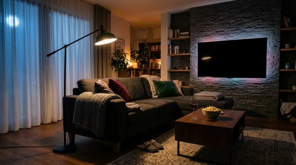 Moderne woonkamer met zwarte bank en groot scherm