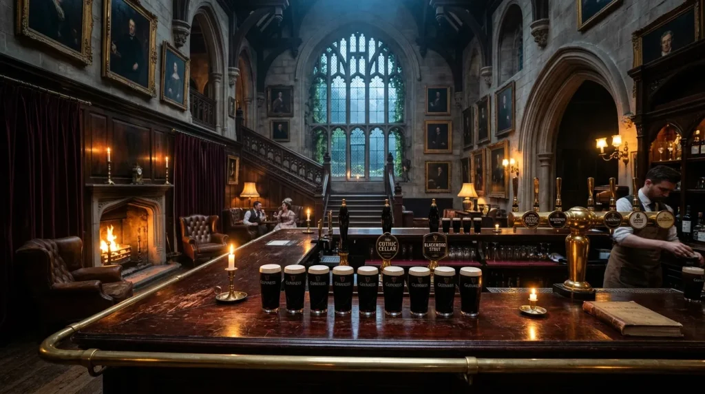 Gotische pub interieur met bar, Guinness glazen en open haard