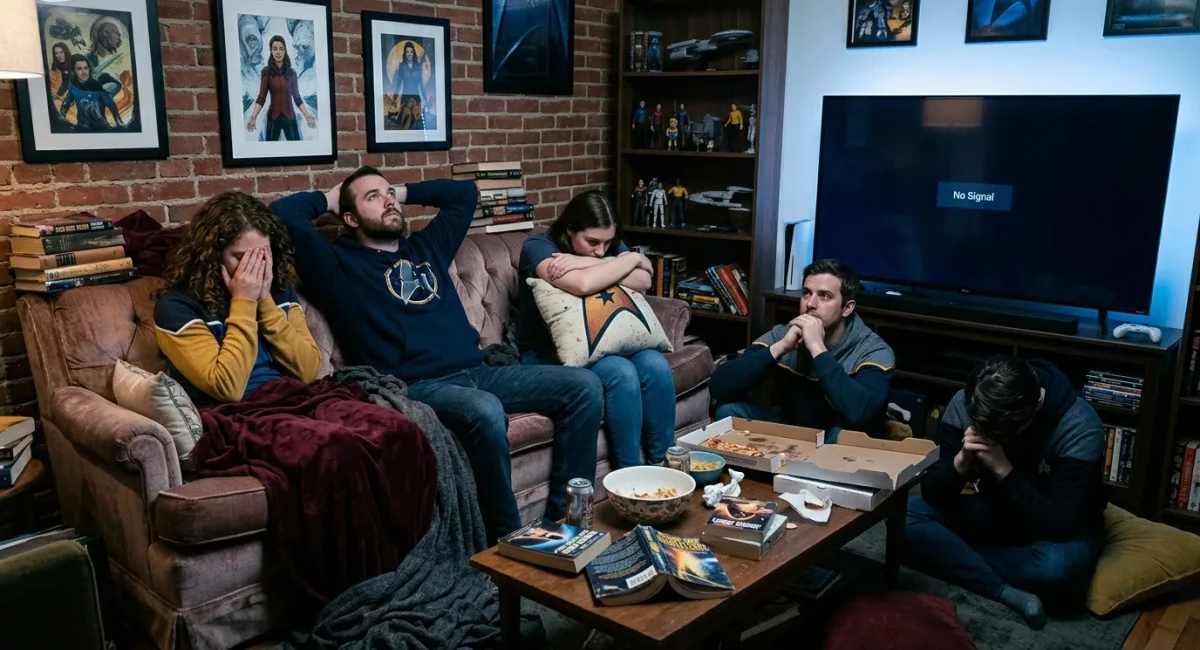 Vijf personen zitten samen op bank naar tv