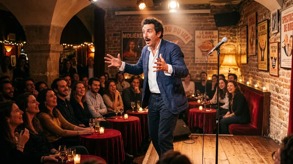 Komiek treedt op voor publiek in intiem cabarettheater