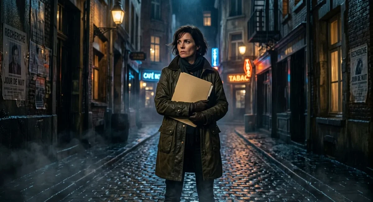 Vrouw met map staand in verlichte Europese steeg 's nachts