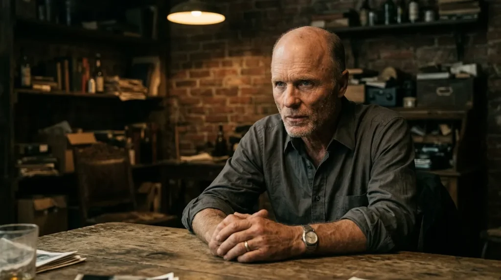 Volwassen man zit aan tafel in werkplaats