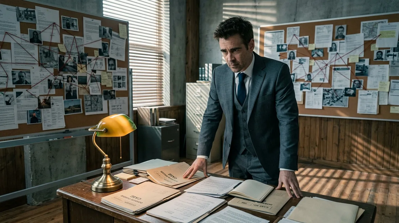 Homme en costume examine dossiers enquĂȘte devant tableau indices