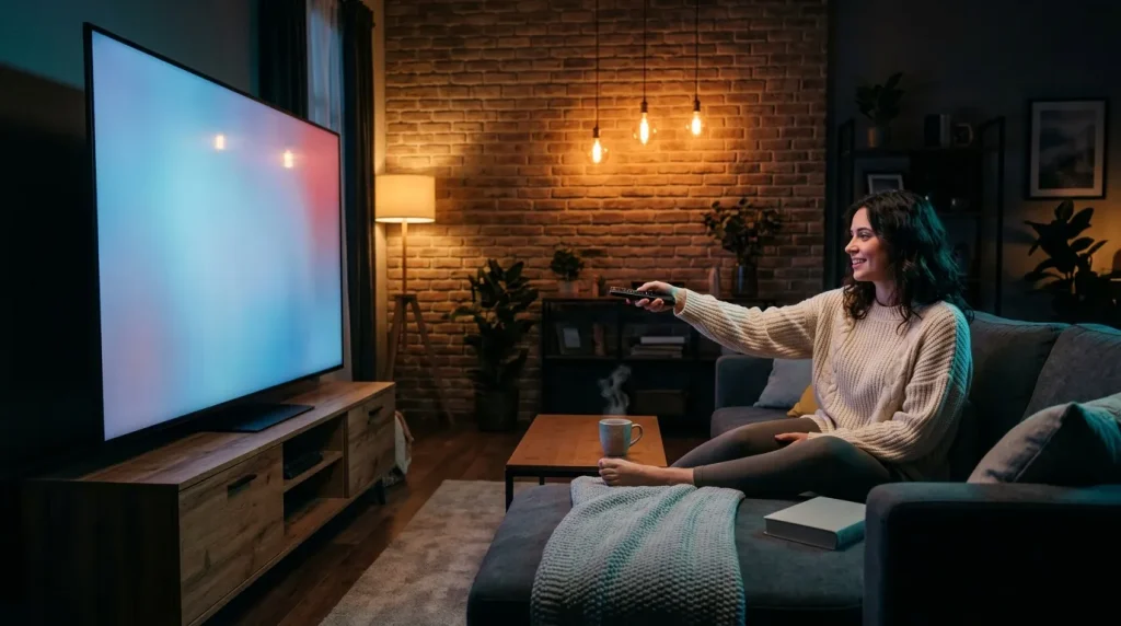 Vrouw op bank televisie kijkend in modern woonkamer interieur