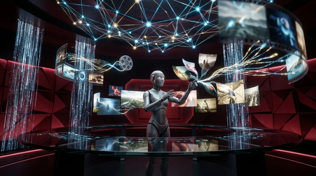 Humanoid robot organizes floating images in futuristic digital space