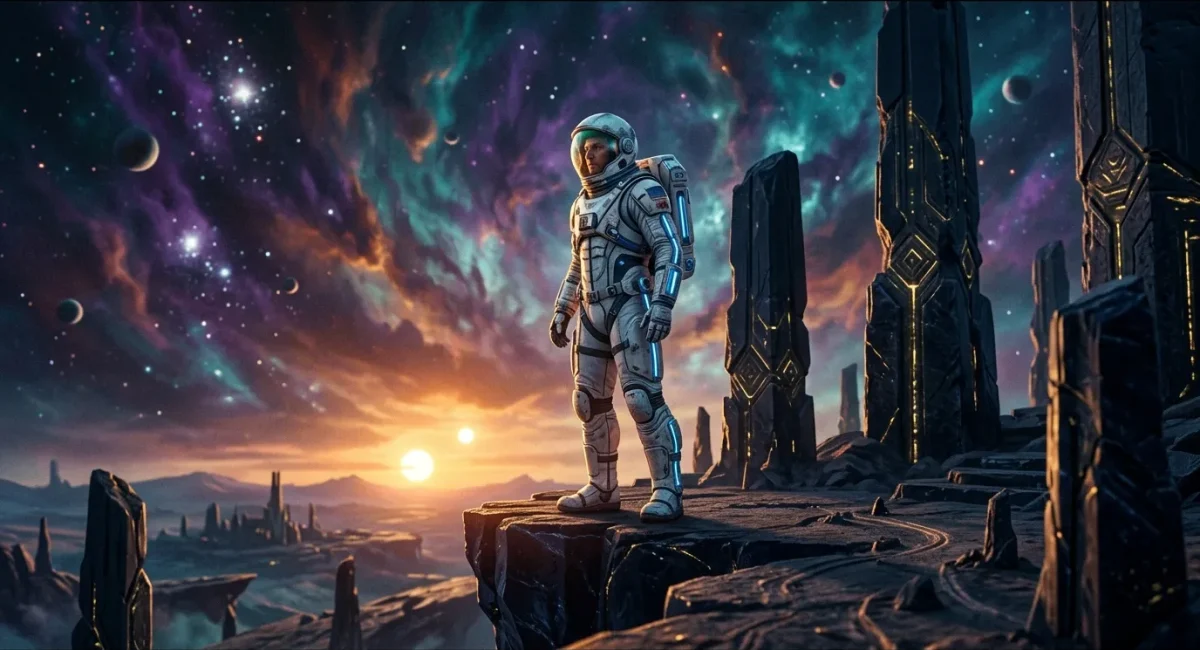 Ruimtevaarder in pak op rotsachtige planeet onder kleurrijke hemel