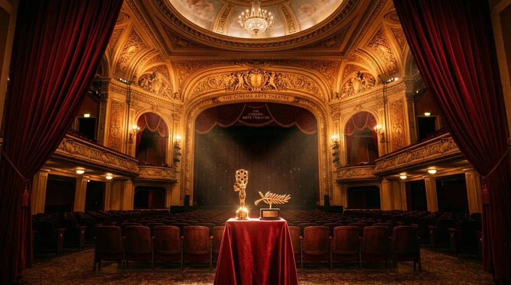 Gouden Emmy-beeldje op rood tafelkleed in elegant theater