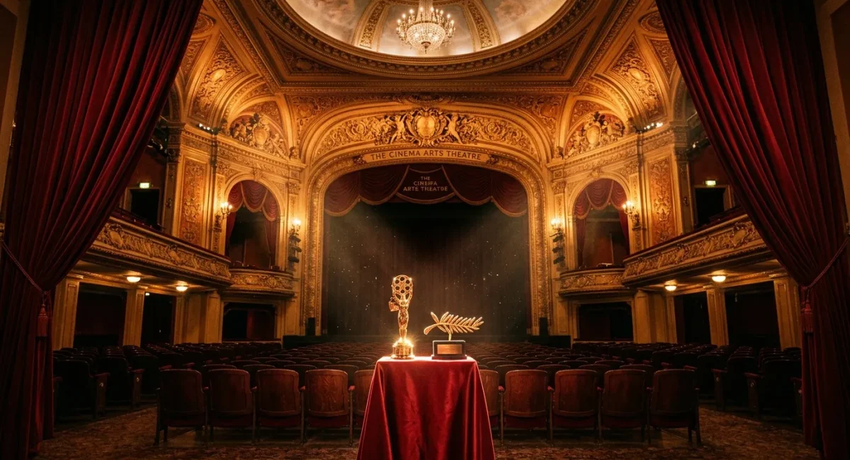 Gouden Emmy-beeldje op rood tafelkleed in elegant theater