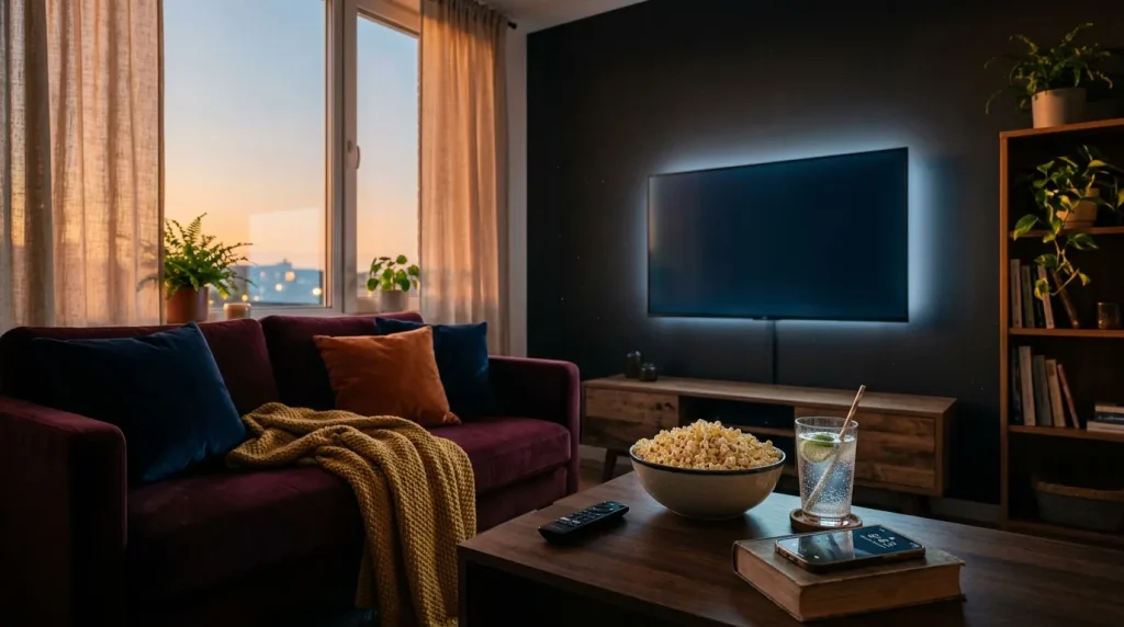 Moderne woonkamer met TV, popcorn en uitzicht.