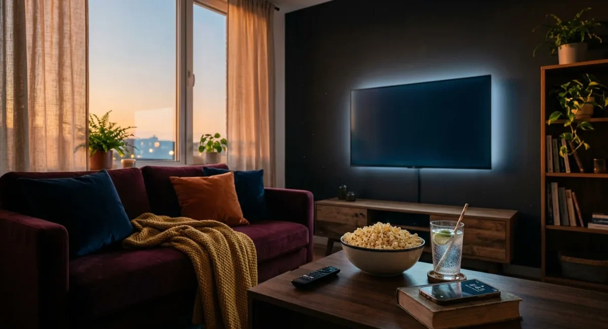 Moderne woonkamer met TV, popcorn en uitzicht.