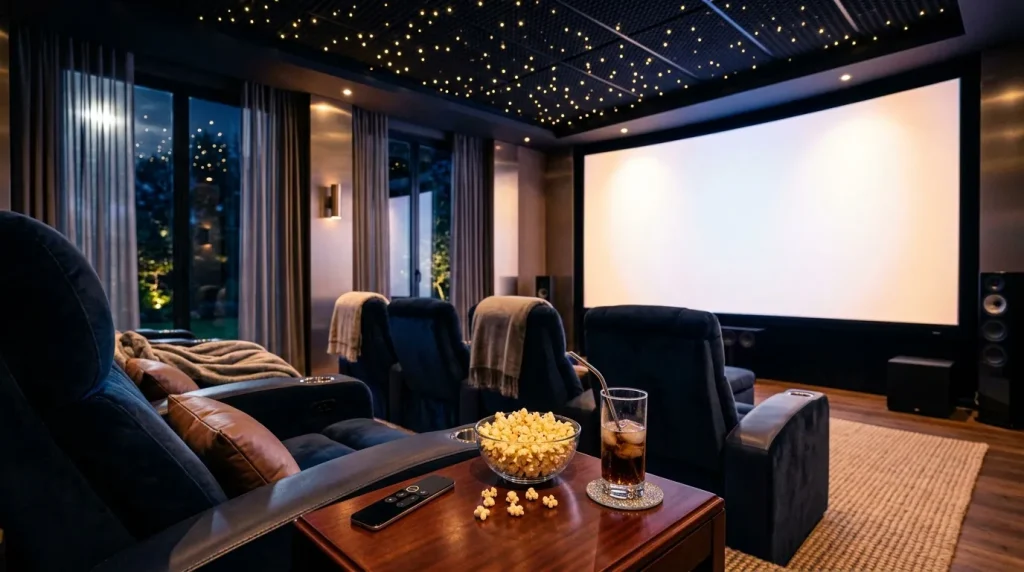 Elegante privรฉbioscoop met premium stoelen en groot scherm