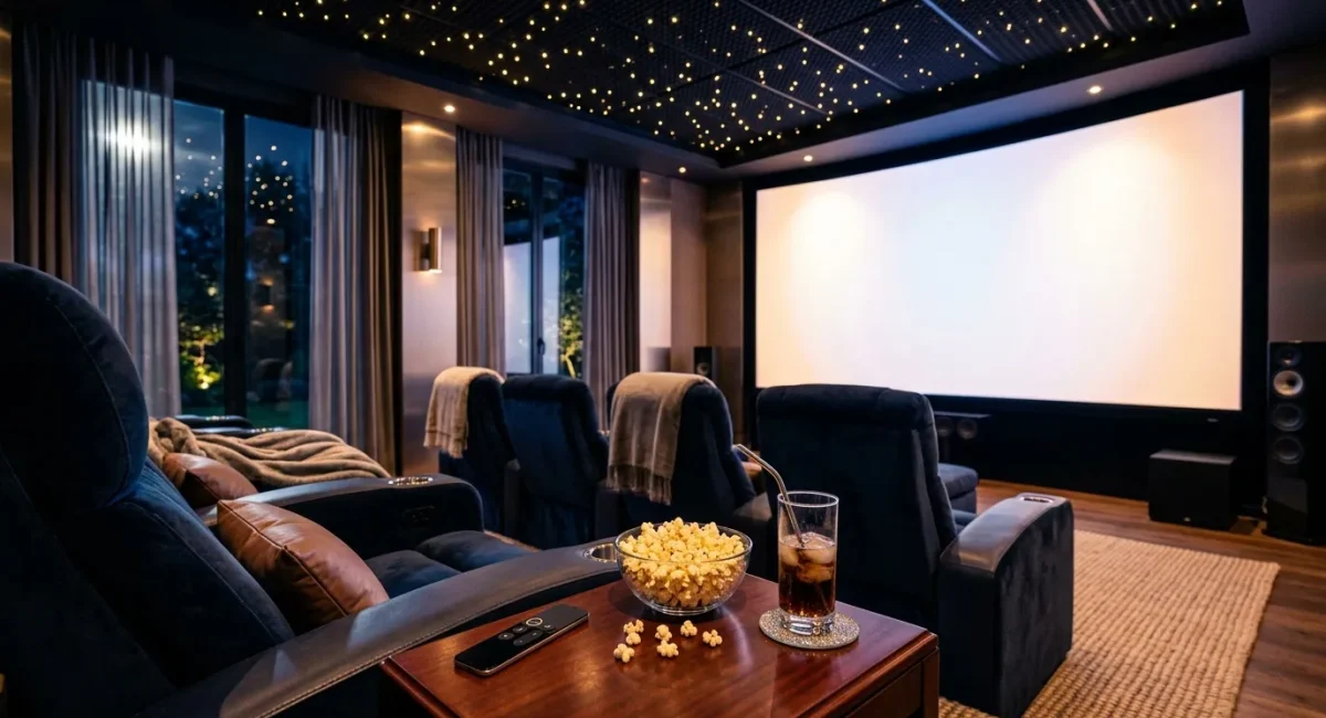 Elegante privébioscoop met premium stoelen en groot scherm