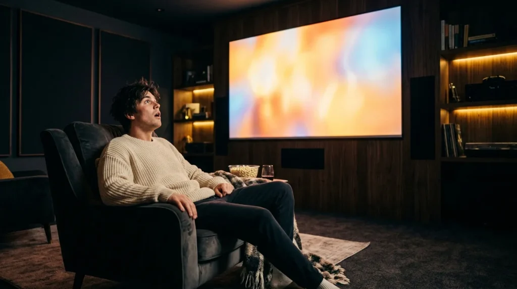 Man zit in fauteuil en kijkt naar groot filmscherm