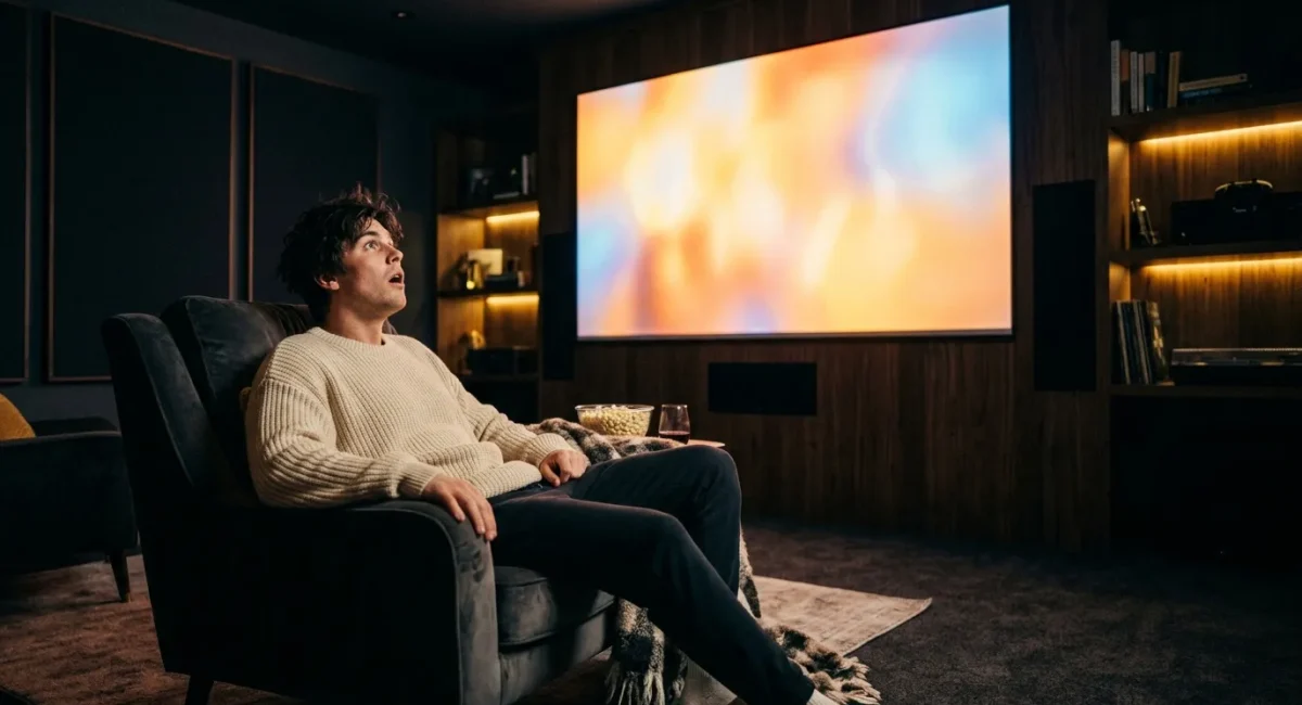 Man zit in fauteuil en kijkt naar groot filmscherm