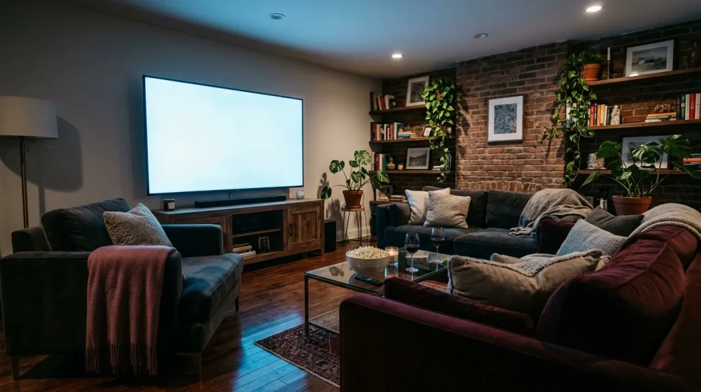 Luxe huisbioscoop met grote scherm en comfortabele zitplaatsen