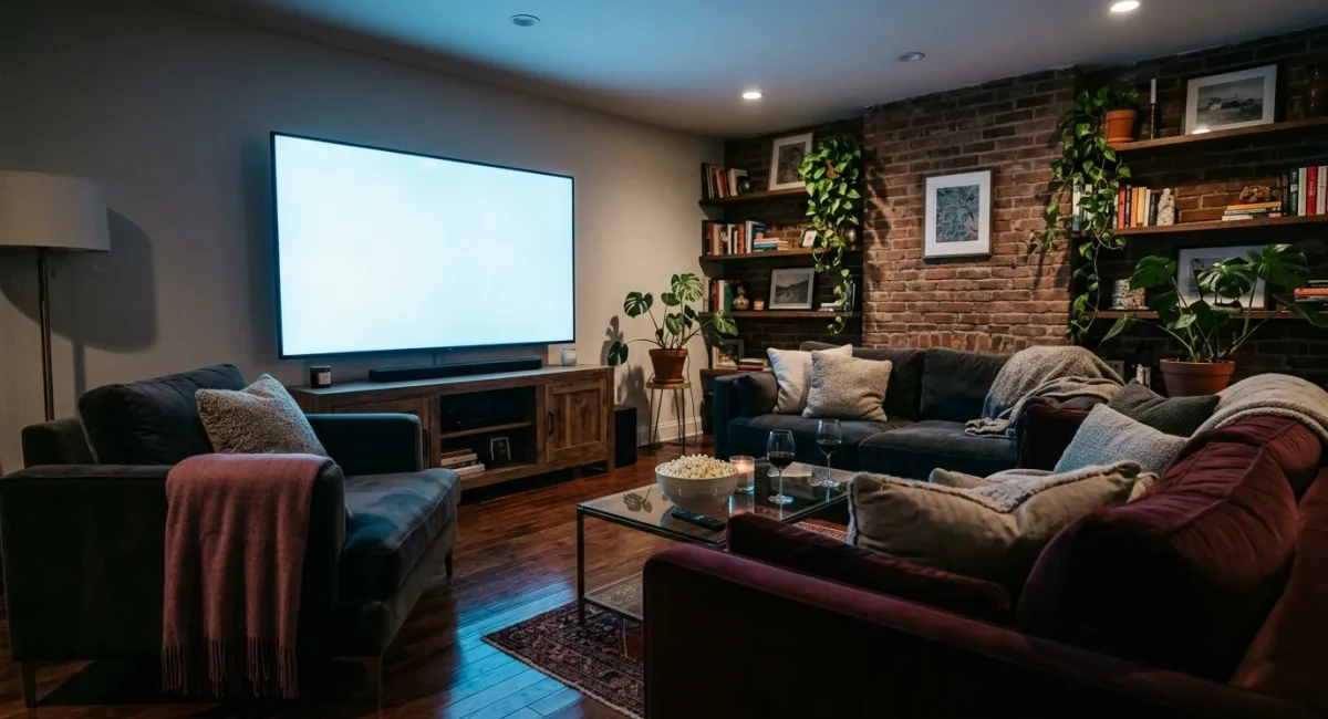 Luxe huisbioscoop met grote scherm en comfortabele zitplaatsen