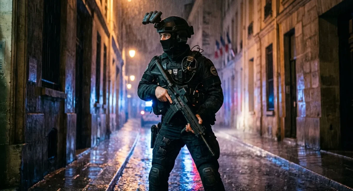Gewapende agente in tactische uitrusting op natte straatweg 's nachts