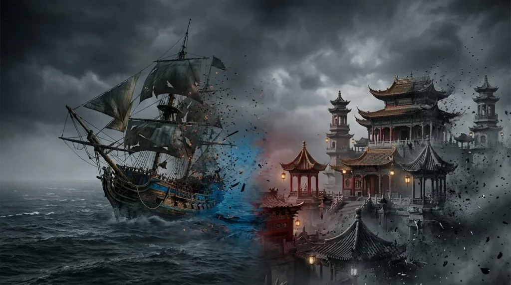 Verwoest schip ontmoet Chinees paleis in storm