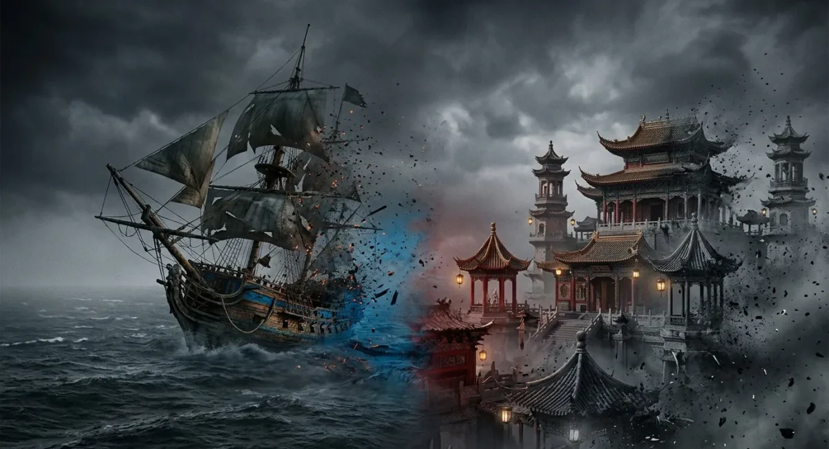 Verwoest schip ontmoet Chinees paleis in storm