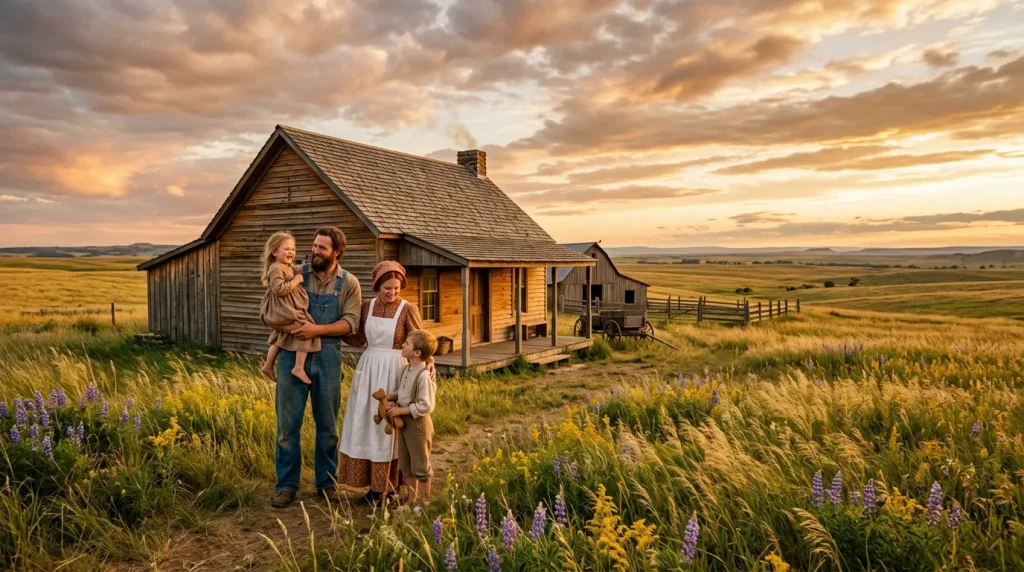 Familie buiten houten farmhuis in grasveld bij zonsondergang