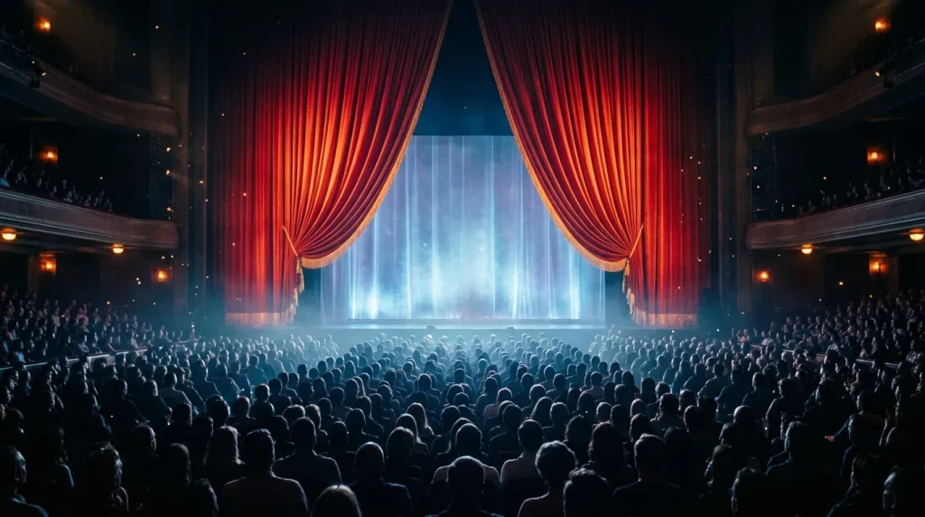 Volle theaterzaal met publiek en verlicht rood gordijn