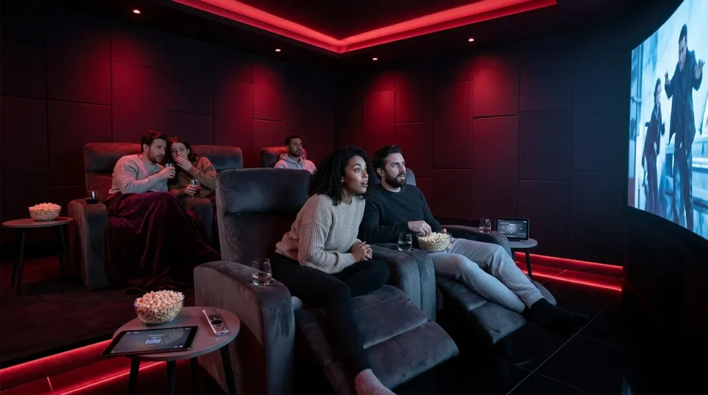 Groep vrienden kijkt samen film in luxe thuisbioscoop