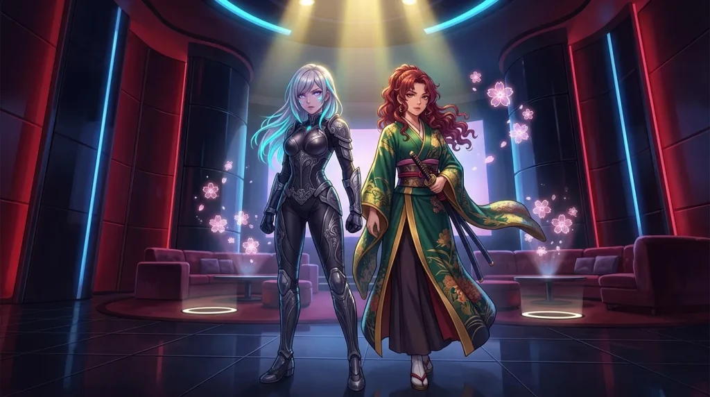 Twee anime-vrouwen in futuristische omgeving met neonlichten