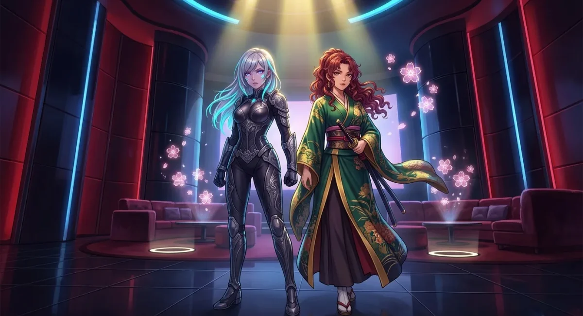 Twee anime-vrouwen in futuristische omgeving met neonlichten