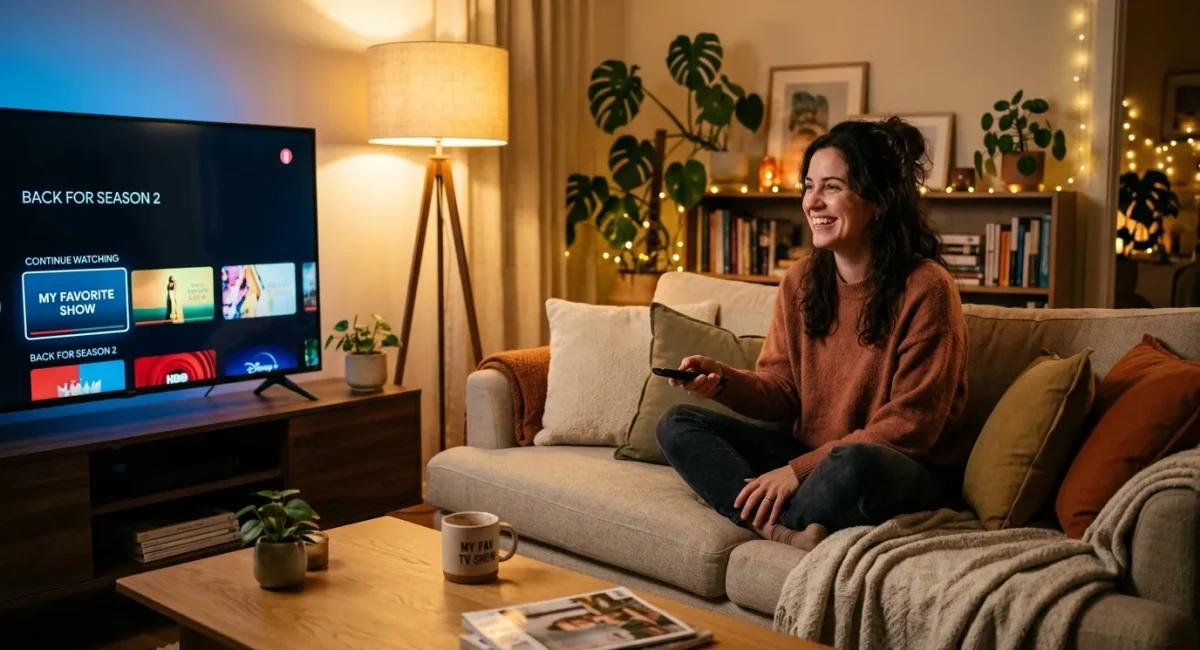 Vrouw op bank met afstandsbediening, tv toont streamingdiensten