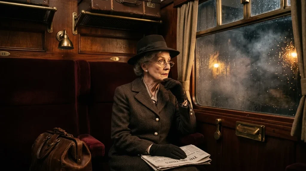 Oudere vrouw met krant in vintage treinwagon