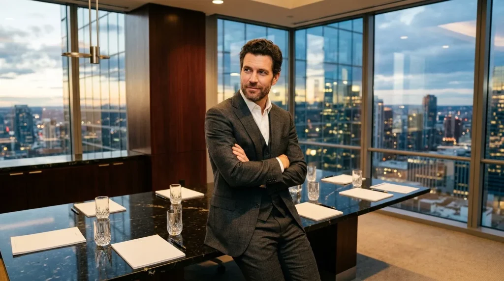 Professionele man in pak in high-rise kantoor met stadsuitzicht