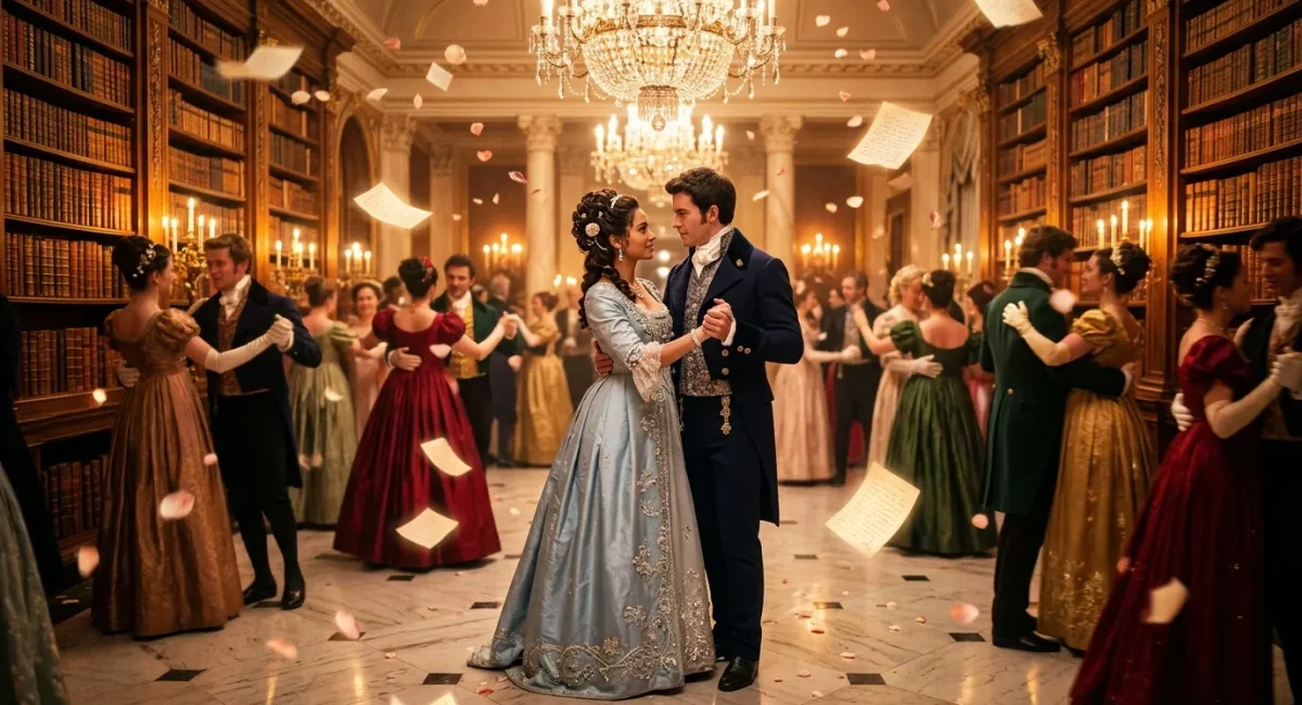 Elegant koppel danst in glitterend paleisbal tussen boekenkasten