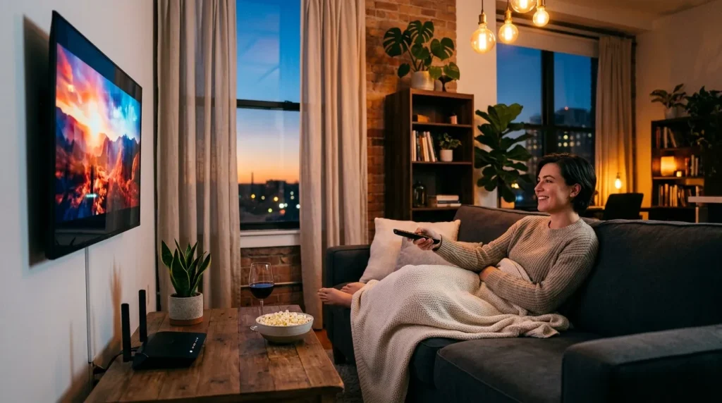 Vrouw kijkt naar televisie op bank met popcorn