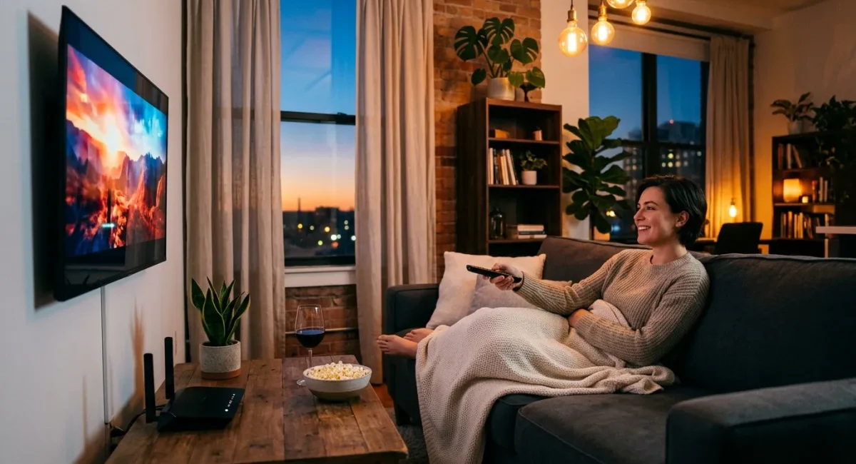Vrouw kijkt naar televisie op bank met popcorn